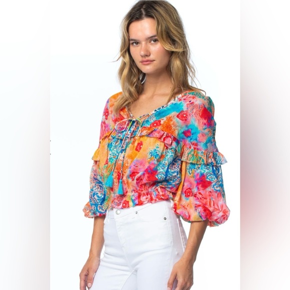 Tolani X Mahila Collab Hera Ocean Top Ruffle Boho Airy Flowy - Picture 2 of 10